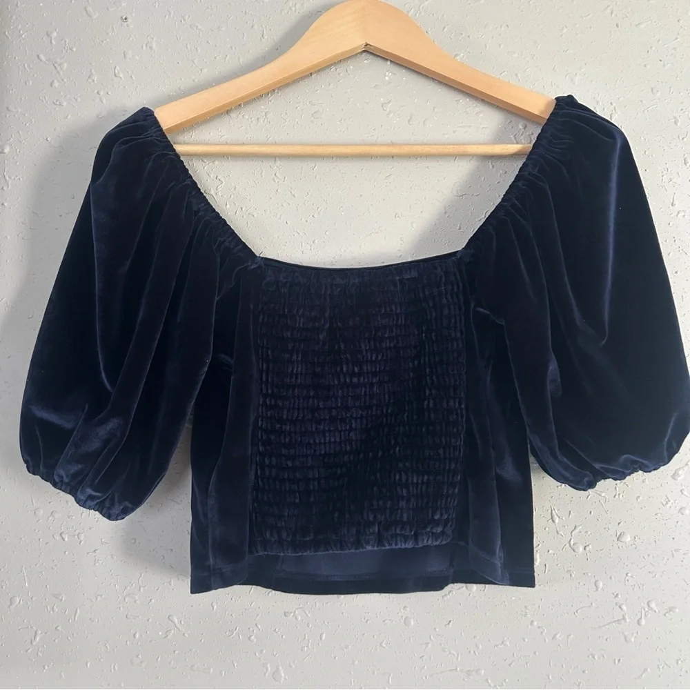Abercrombie & Fitch Navy Blue Velvet Square Neck Puff Sleeve Crop Top Small